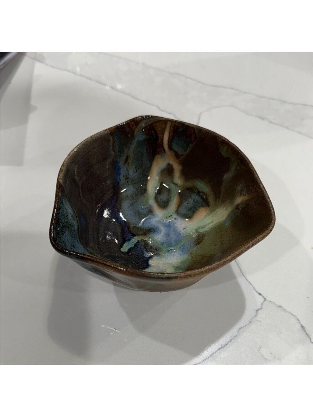 Hand Crafted Artistic Ceramic Bowl Brown and Blue Earthy Tones signed by artist